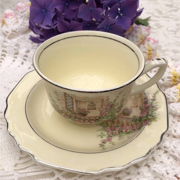 Other - 1930s W.S. George Teacup and Saucer Set LIDO Canarytone Silver Edge Trim
